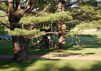 A playground with a swing set in the middle of a grassy area.