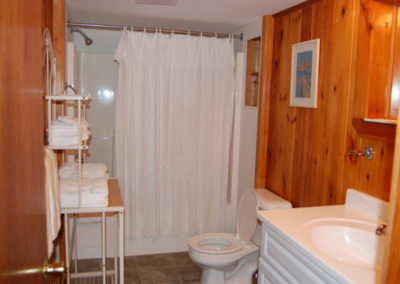 A bathroom with a bath tub and a toilet.