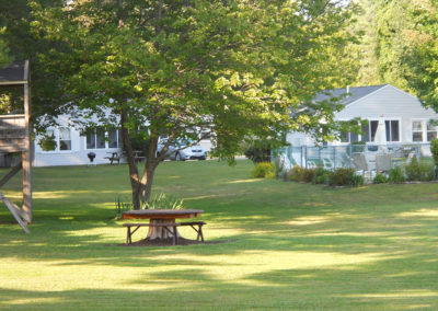 A picnic table in the middle of a grassy field.