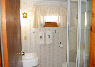 A bathroom with a toilet, sink, and shower.