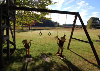 A swing set in a grassy area.