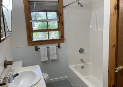 A bathroom with a bathtub, shower, sink and toilet