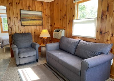 A cottage living room with a sofa, easy chair and heating/cooling unit