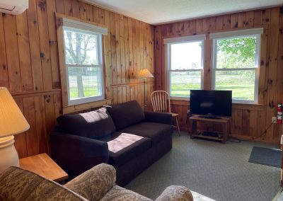 A living room with an easy chair, sleeper sofa and television