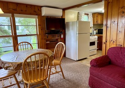 A combined living and dining room in a cottage with a tv and heating/cooling unit.